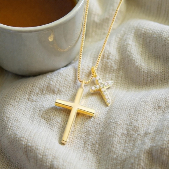 14k Gold Cross Pendant Necklace with Zirconia Accents - Picture 2 of 7